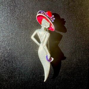 Vintage JJ Jonette Silver Tone Signed Art Deco Red Hat Fashion Lady Brooch